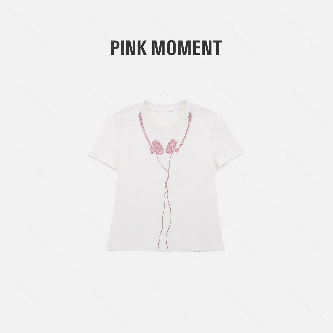 PM王囡囡 白色烫钻耳机圆领短袖T恤 ND1B0829