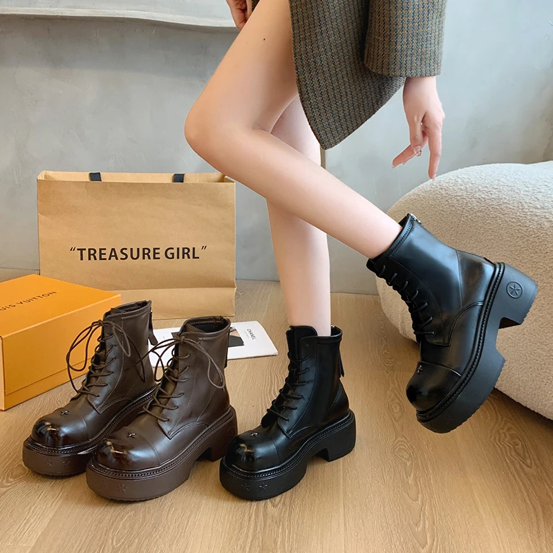 M82305厚底系带马丁靴女2024秋季新款圆头弹力瘦瘦靴小个子