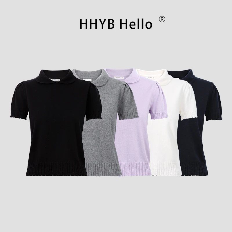 HHYB Hello2025夏季新款气质高级感娃娃领短袖针织T恤上衣女M1193