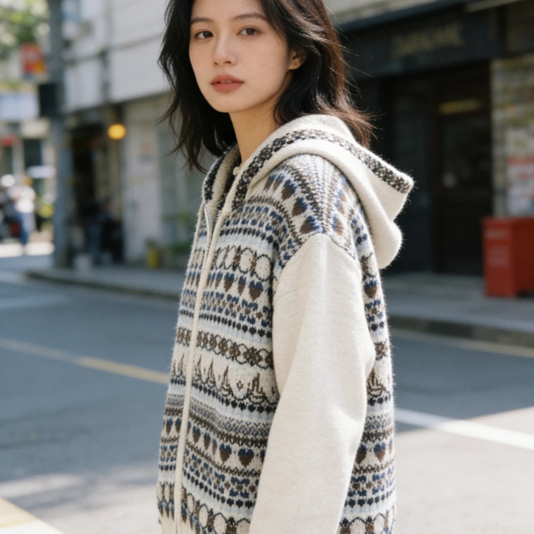 26早春新款拉链开衫女连帽费尔岛毛衣外搭宽松长袖外套7713