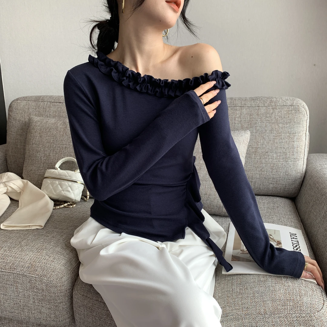 常规款辣妹风木耳边长袖网红设计师渐变显瘦修身T恤