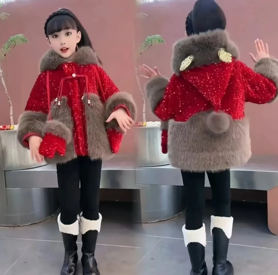 【拜年服送手套加绒加厚】女童毛毛外套2025新款女宝宝加绒加厚外套