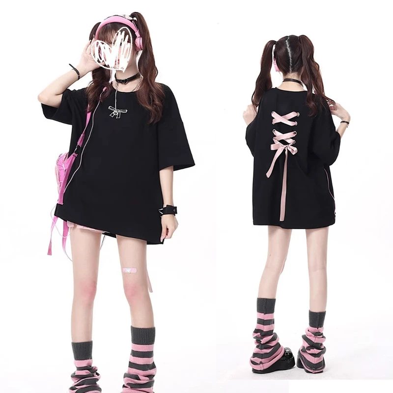 甜酷绑带刺绣纯棉短袖t恤女春夏新款设计感大码宽松中长款上衣潮