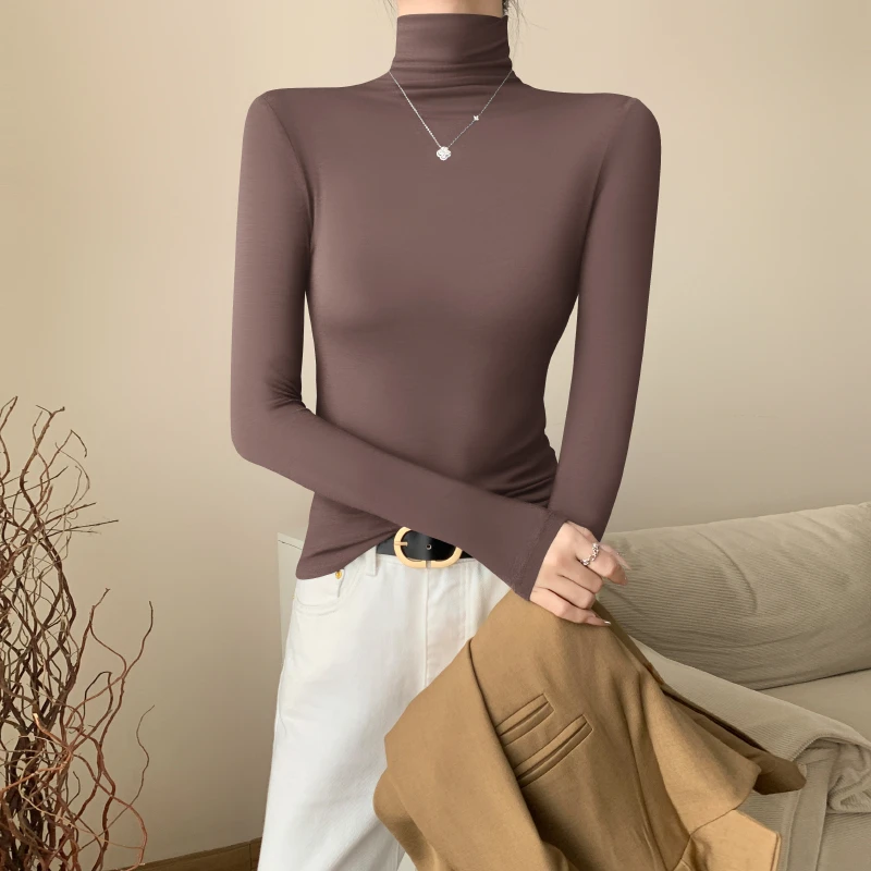 咖色莫代尔高领打底衫女春秋冬2025新款内搭长袖修身紧身薄款上衣