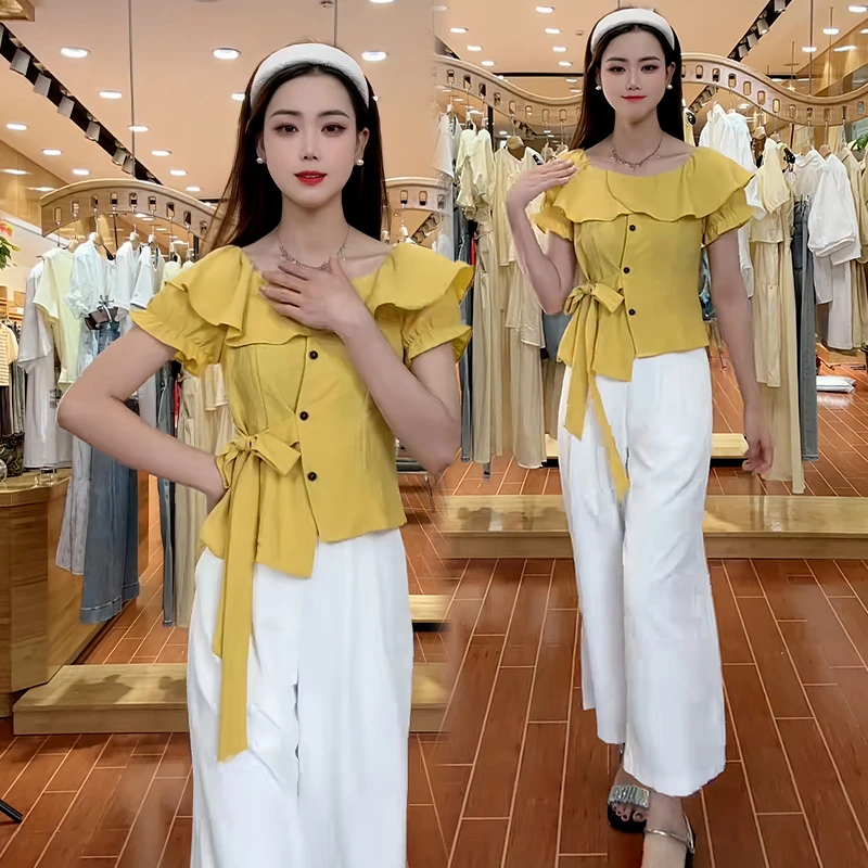 休闲法式高级感套装女2026夏季新款洋气显瘦方领上衣阔腿裤两件套