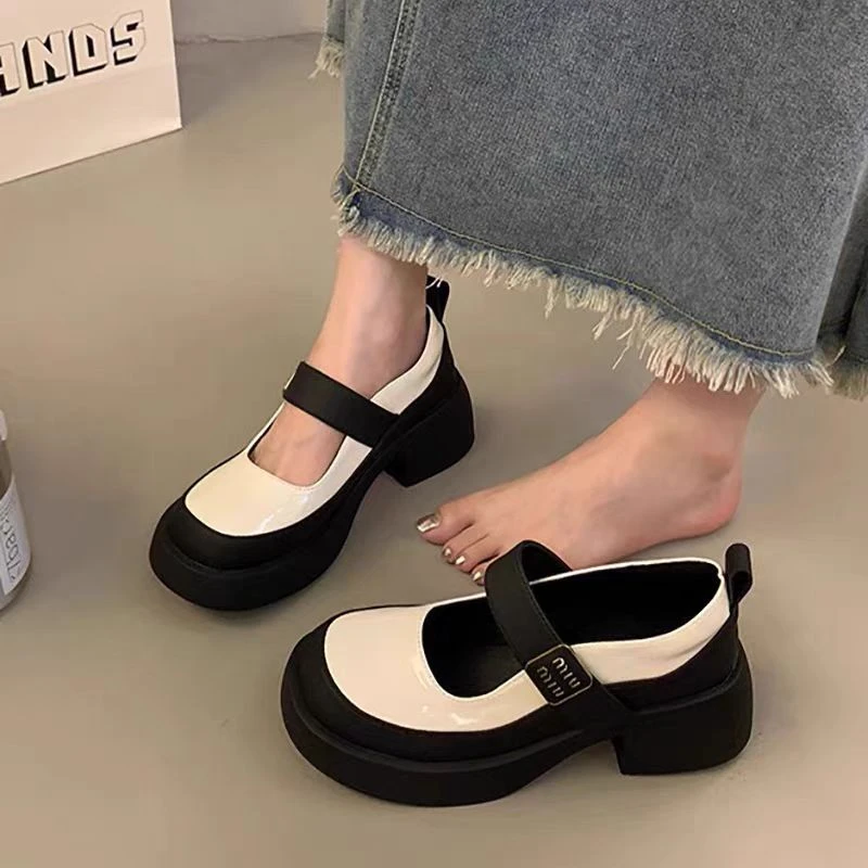 L001新款法式玛丽珍英伦风厚底拼色小皮鞋