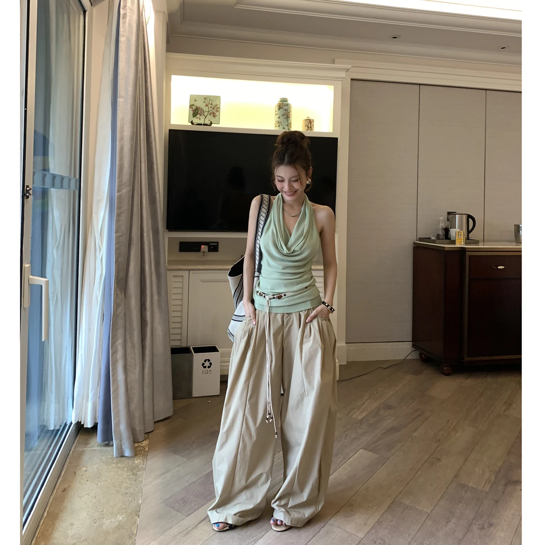 【热辣加州】卡其色弯刀工装裤阔腿裤4335