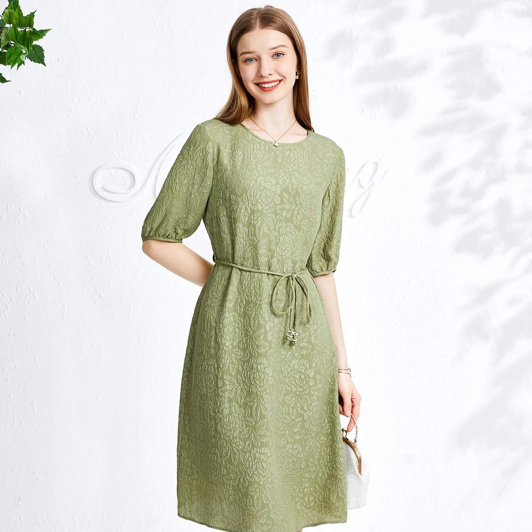 MIHUANG/米皇100%桑蚕丝圆领提花真丝高级短袖连衣裙645327