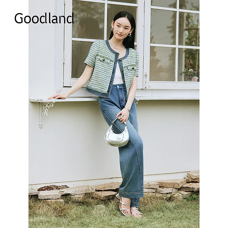 Goodland美地女装2025夏季新款水洗蓝色直筒牛仔裤阔腿裤长裤