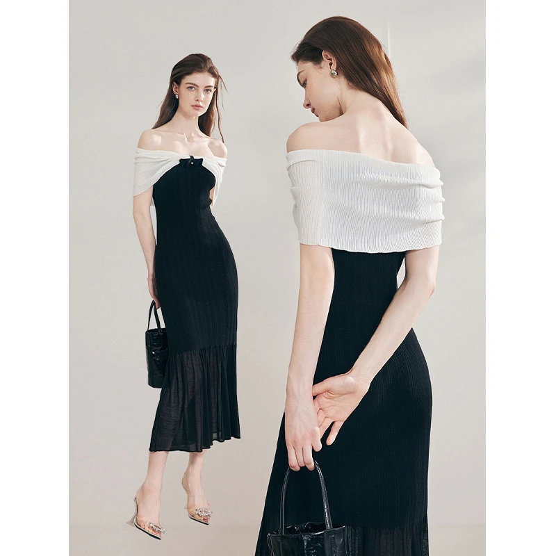 Mix Selection | 天丝褶皱一字领连衣裙2025夏网纱裙子MSAJQ0166