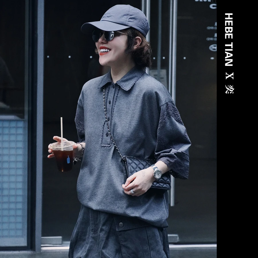 【HEBE TIAN X 奕】原创设计师品牌2025夏季新款复古蕾丝拼接POLO衫