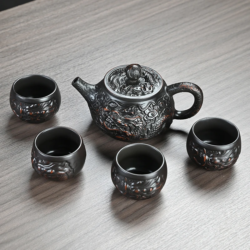顾竹紫陶复古浮雕功夫茶具轻奢高档家用会客送礼佳品精美小套装