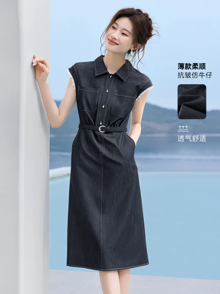 蓝调时光”裙子25夏季新款休闲蕾丝拼接腰带收腰连衣裙显瘦透气