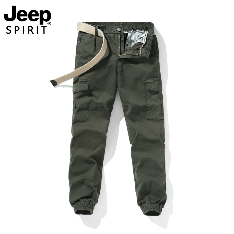 Jeep吉普工装裤潮牌男修身小脚痞帅纯棉休闲裤230g潮流军绿色长裤