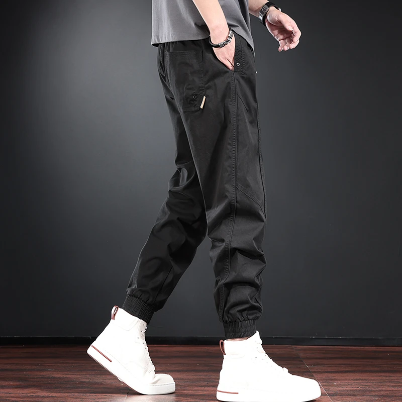 潮牌工装裤男宽松大码束脚休闲裤春夏季黑色男裤子个性痞帅哈伦裤
