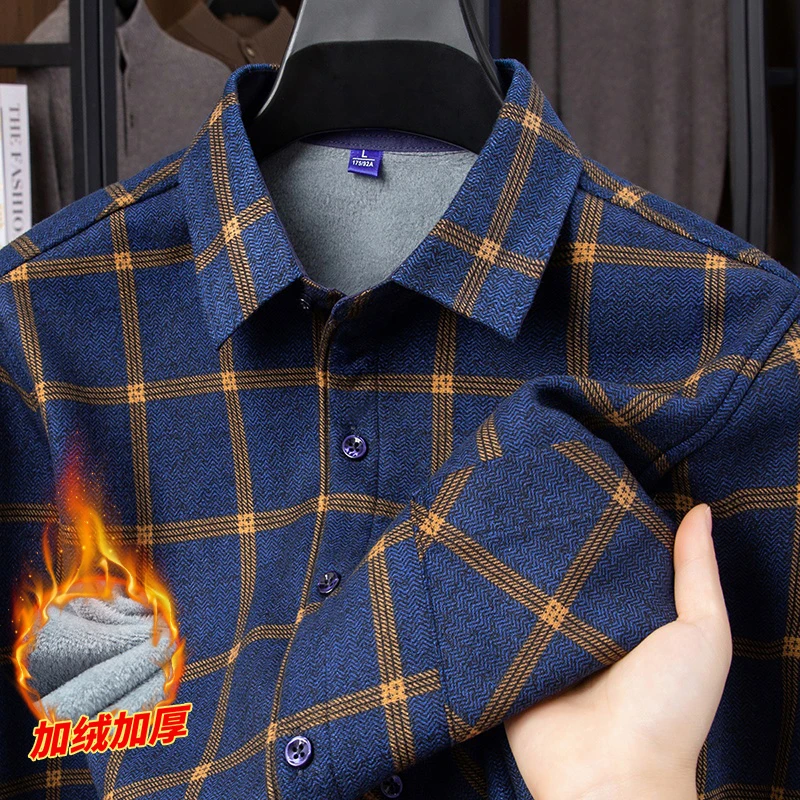 秋冬季男士保暖衬衫加绒加厚长袖格子衬衣中老年人休闲上衣爸爸装