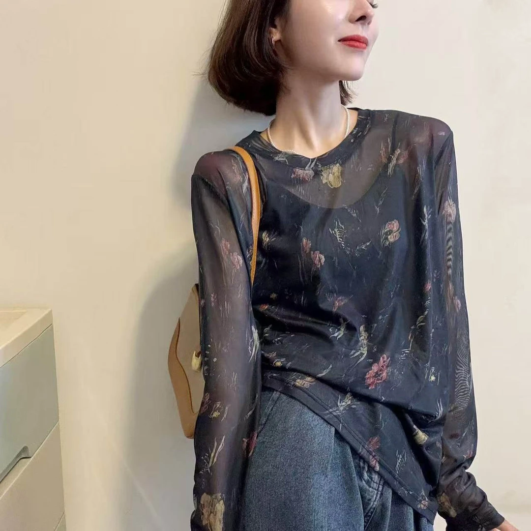 薄款防晒长袖T恤女2025夏新款时尚百搭洋气减龄碎花罩衫打底上衣