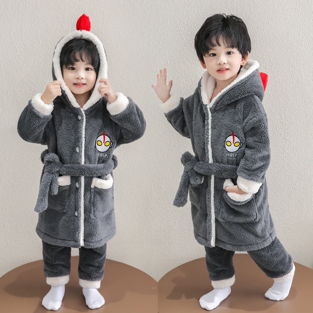 儿童睡袍男孩珊瑚绒冬季卡通男宝睡衣加绒加厚款保暖套装男童浴袍