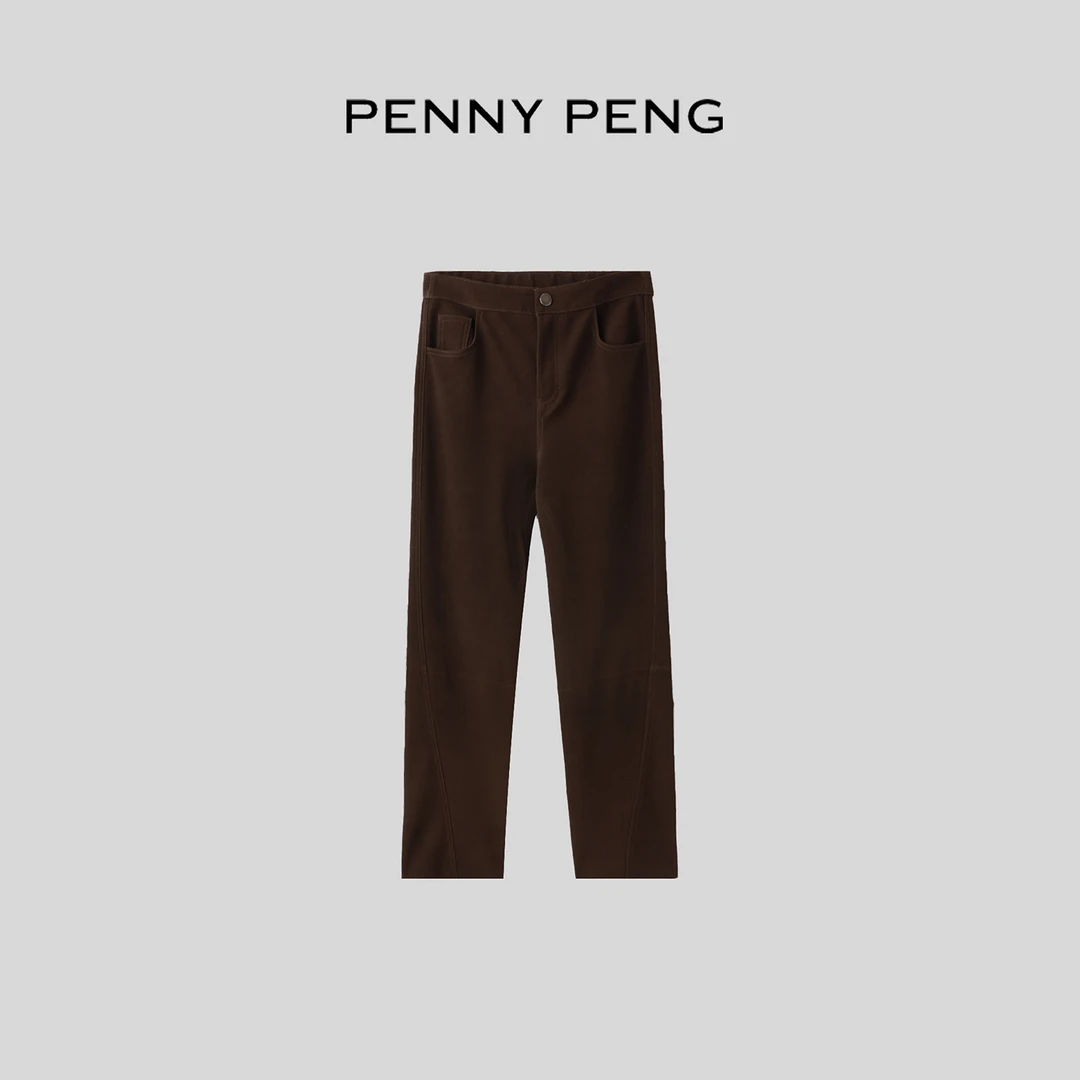 PENNYPENG 时尚图鉴 黑标系列秋冬时尚绒面修身立裁显瘦弹力皮裤