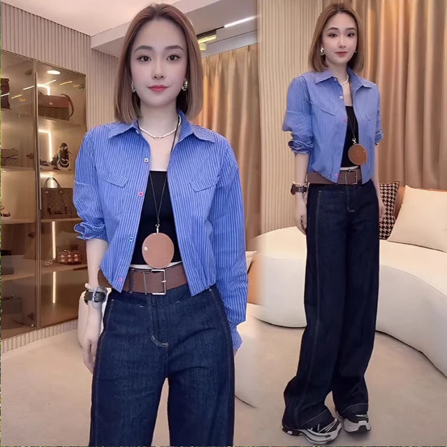 衬衫女设计感小众宽松慵懒风显瘦气质上衣抽绳蓝色条纹百搭短外套