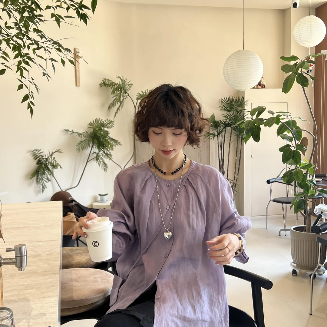 清货价【薇薇绮】天丝苎麻衬衫圆领单排扣长袖带斜跨小包 D189