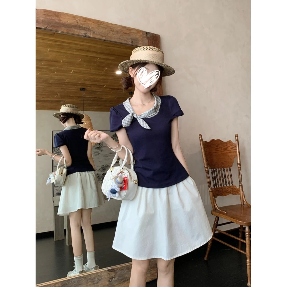 YIDENFG 设计感纯色蝴蝶结短袖T恤女装夏季百搭修身显瘦正肩上衣
