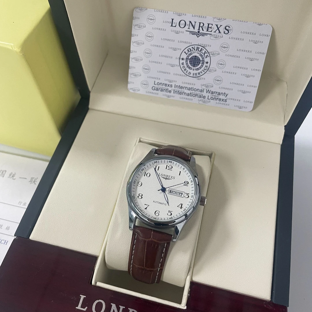 LONREXS/名匠双日历夜光棕色皮带/表径41mm男士经典全自动腕表