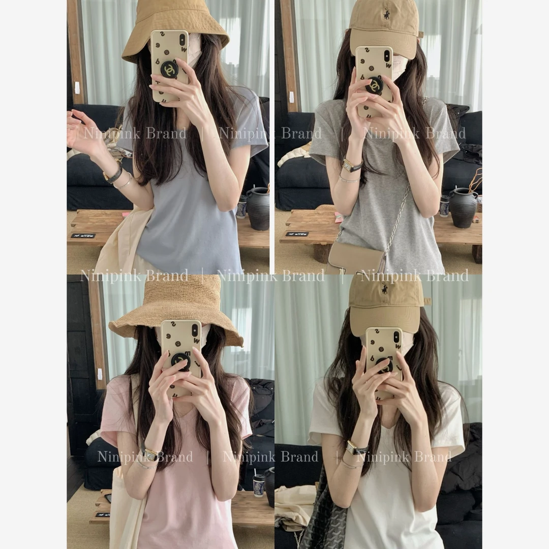 庄不腻春夏新款【心机T】百搭U型领修身正肩短袖女纯色显瘦上衣090