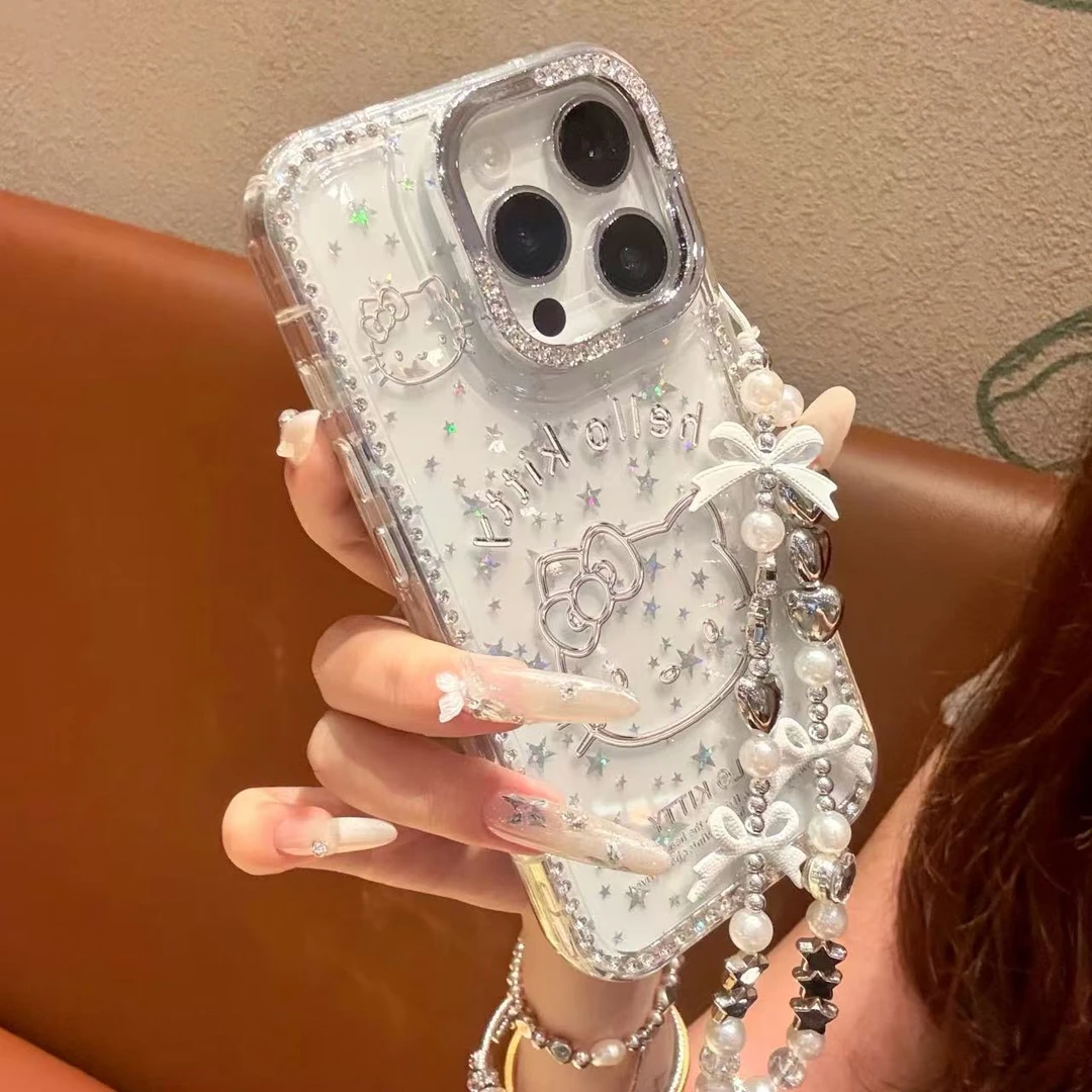 可爱银线条KT猫适用iPhone16/15pro闪粉手机壳苹果14/13/12少女心