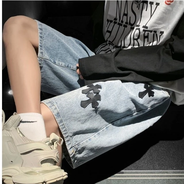 克罗心牛仔短裤男夏季港风新款十字架贴标高街青少年宽松直筒休闲