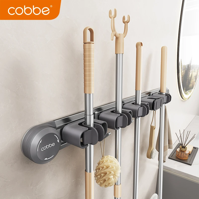 卡贝太空铝吸盘拖把架黑色免打孔扫把挂架卫生间粘钩壁挂拖布夹