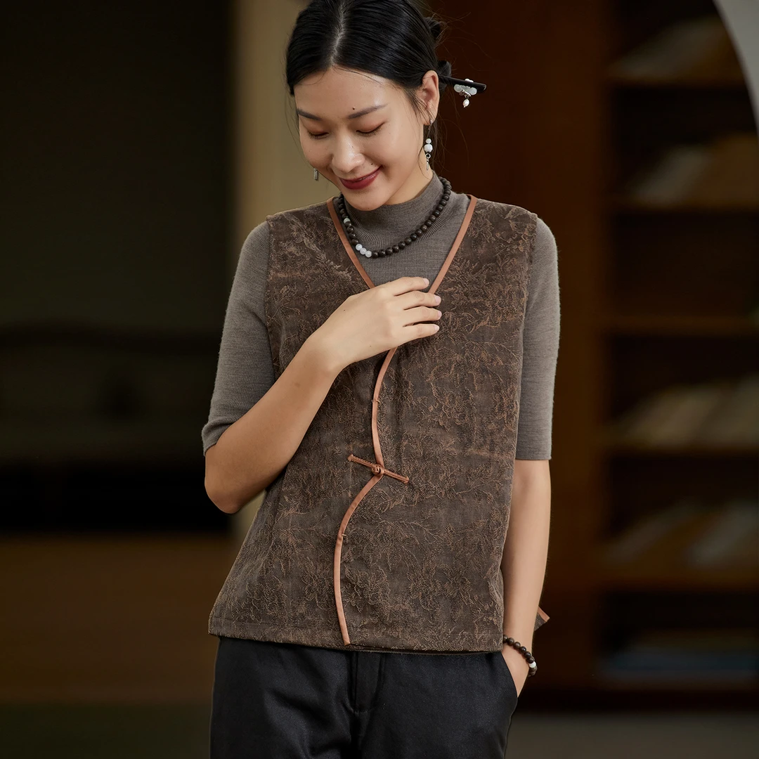 布小匠原创设计桑蚕丝提花香云纱不规则撞色马夹女新中式秋季马甲