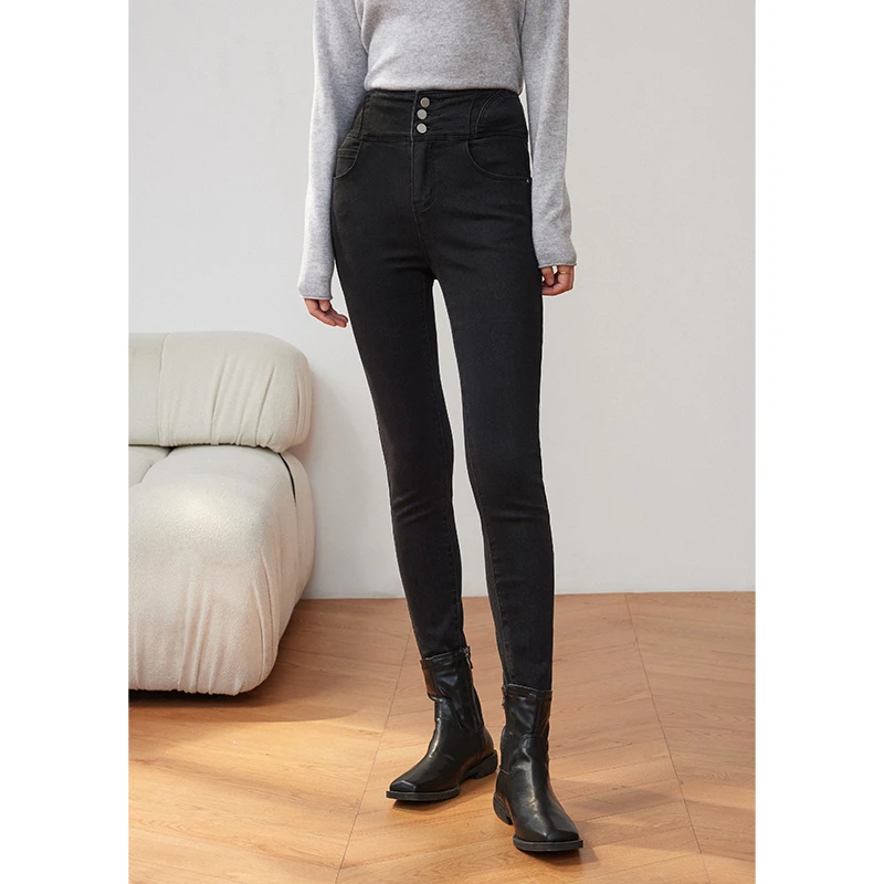 年终大促【1042】三粒扣高腰牛仔裤女紧身直筒裤修身显瘦裤子