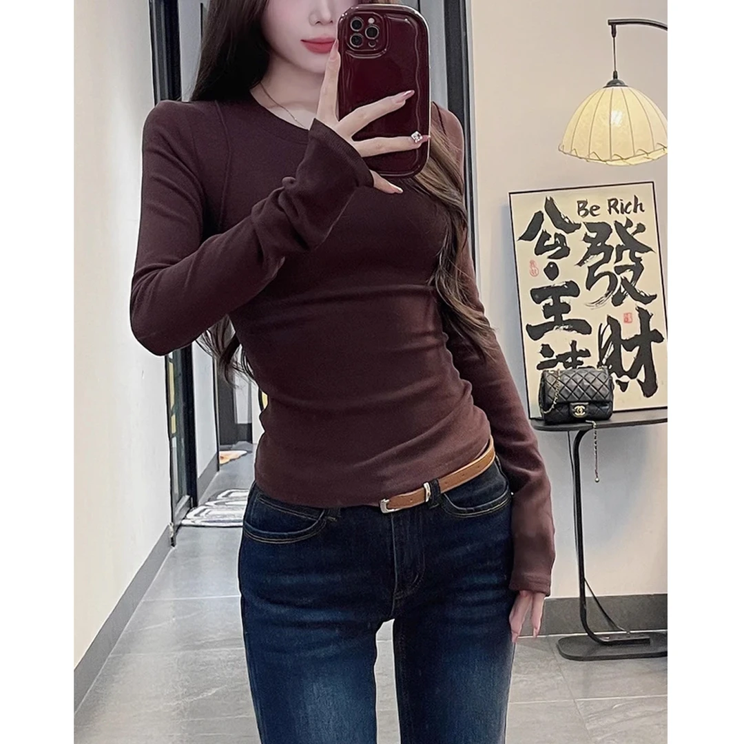 美式紧身慕斯绒T恤女早秋2025新款高级感时髦内搭打底衫长袖上衣