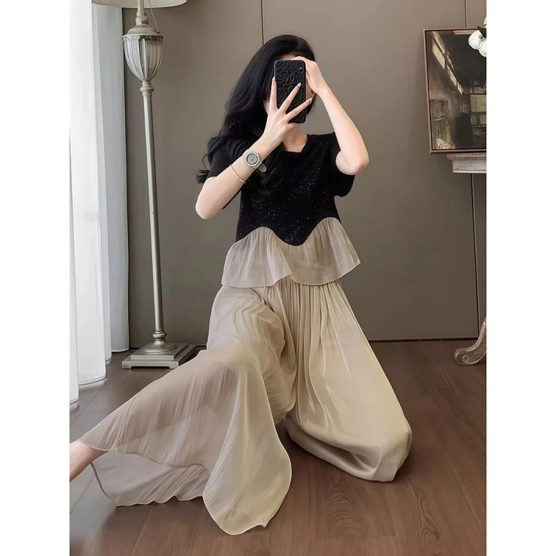 【300斤胖妹妹】禅意仙气飘飘女装时尚套装法式上衣阔腿裙裤两件套