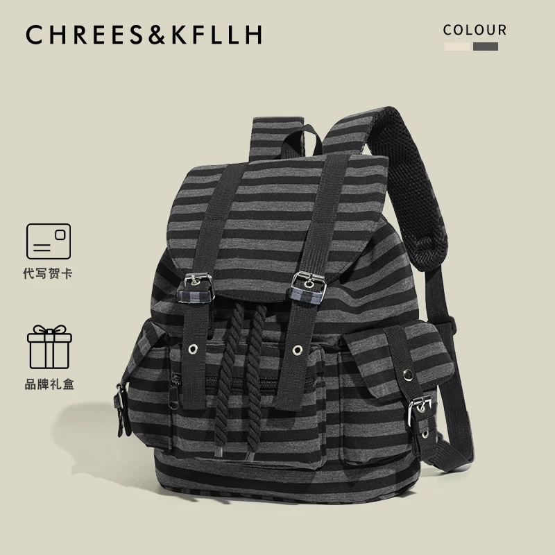 CHREES&KFLLH韩系条纹双肩包2025新款Newjeans同款抽绳多口袋背包