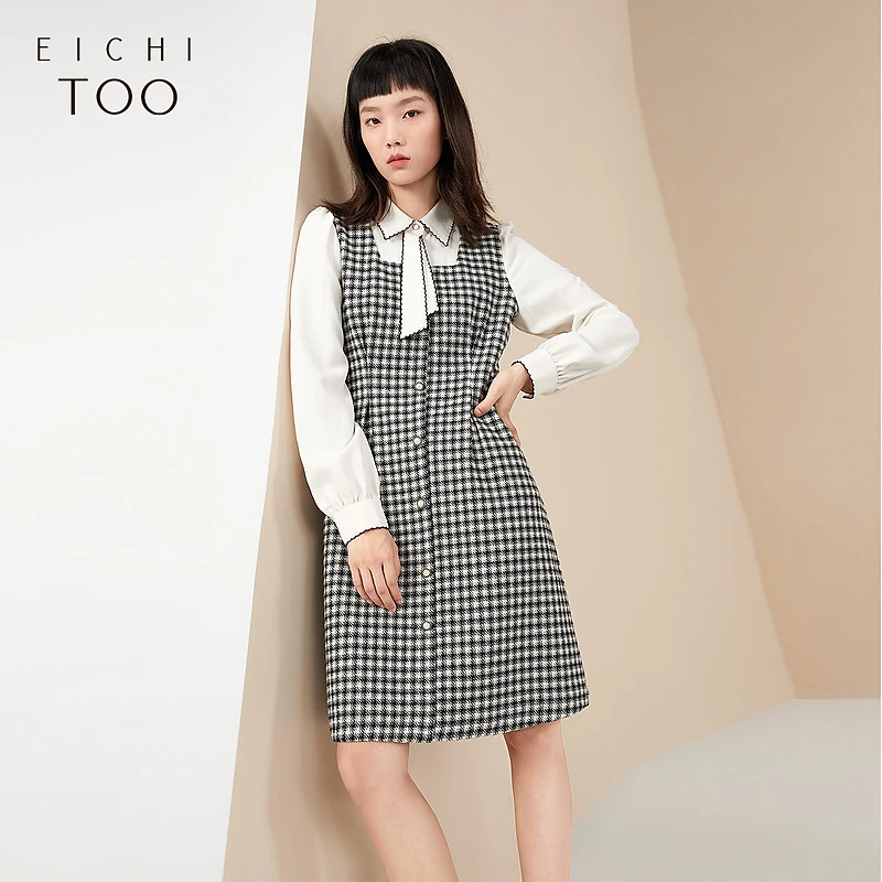 爱居兔冬季女装职业装领结翻领千鸟格时尚长袖连衣裙EQLCJ4L010A