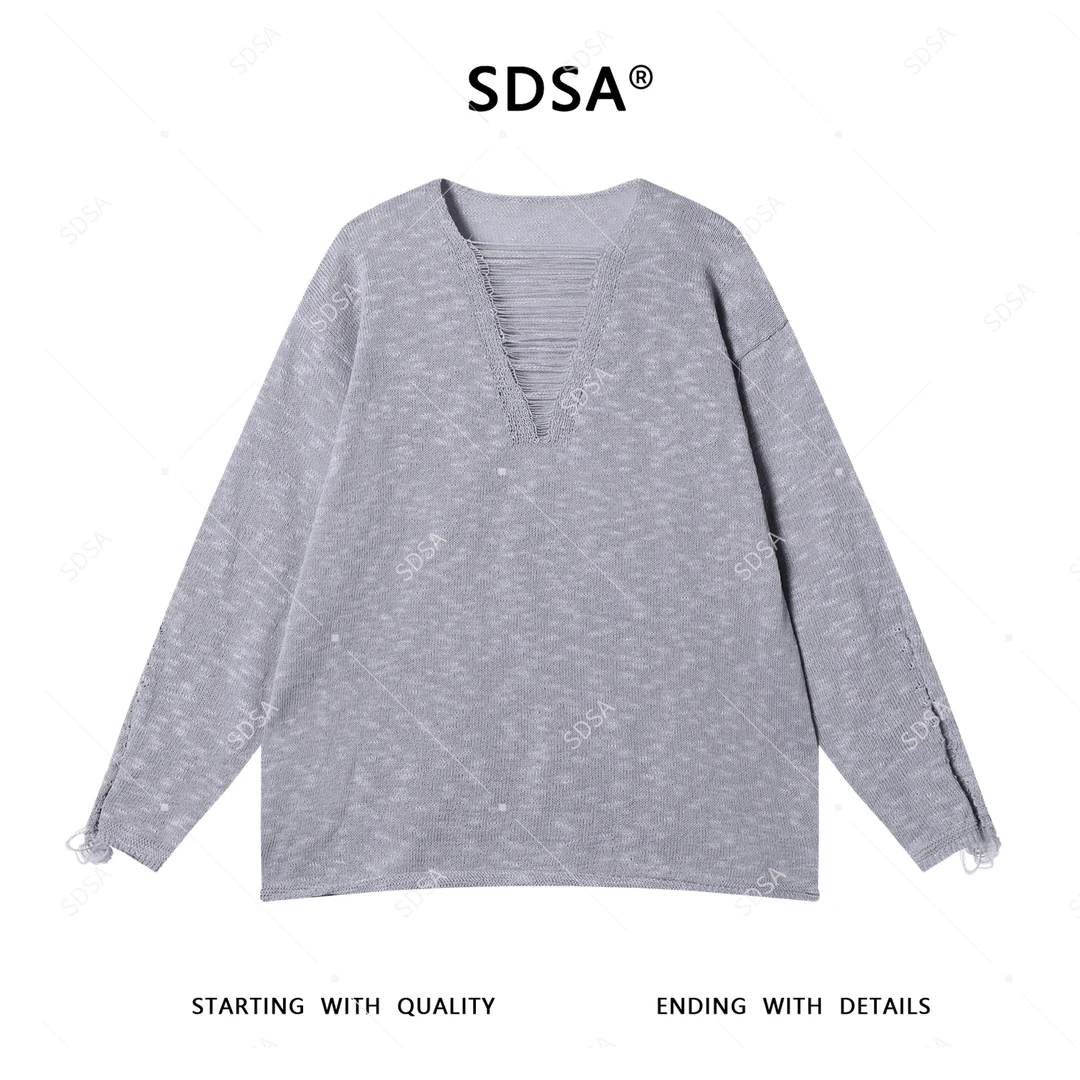 SDSA秋季新款男士痞帅破洞流苏V领镂空针织衫慵懒感宽松薄上衣