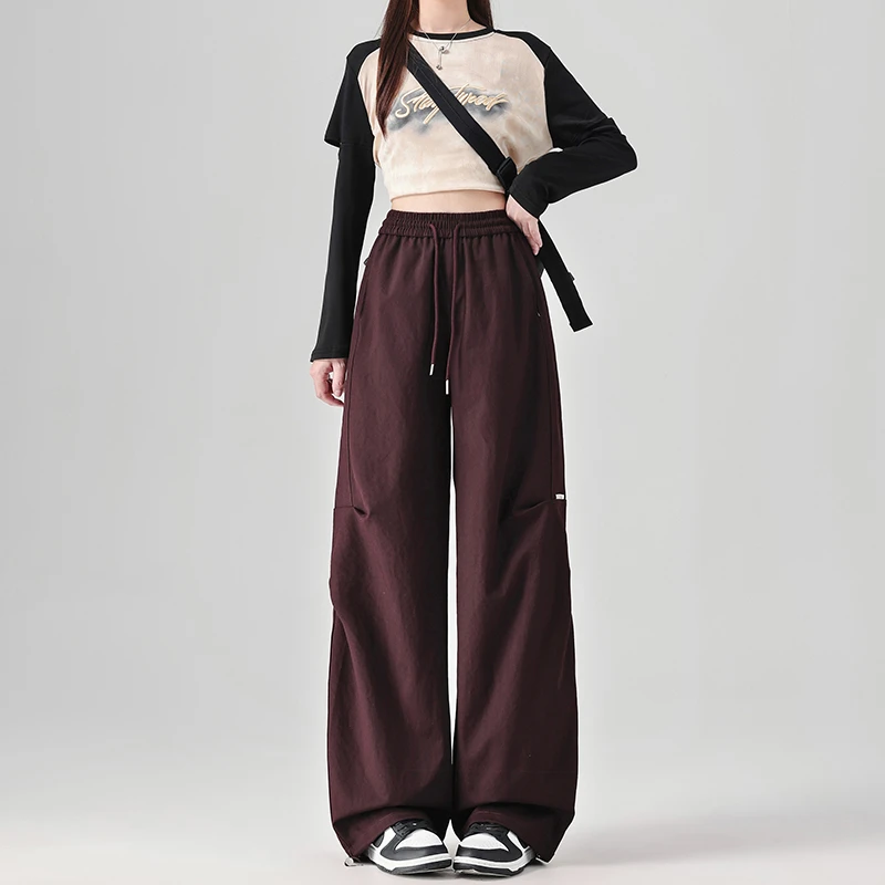 紫色美式工装裤女秋季新款束脚两穿冲锋裤伞兵窄版直筒运动裤春秋