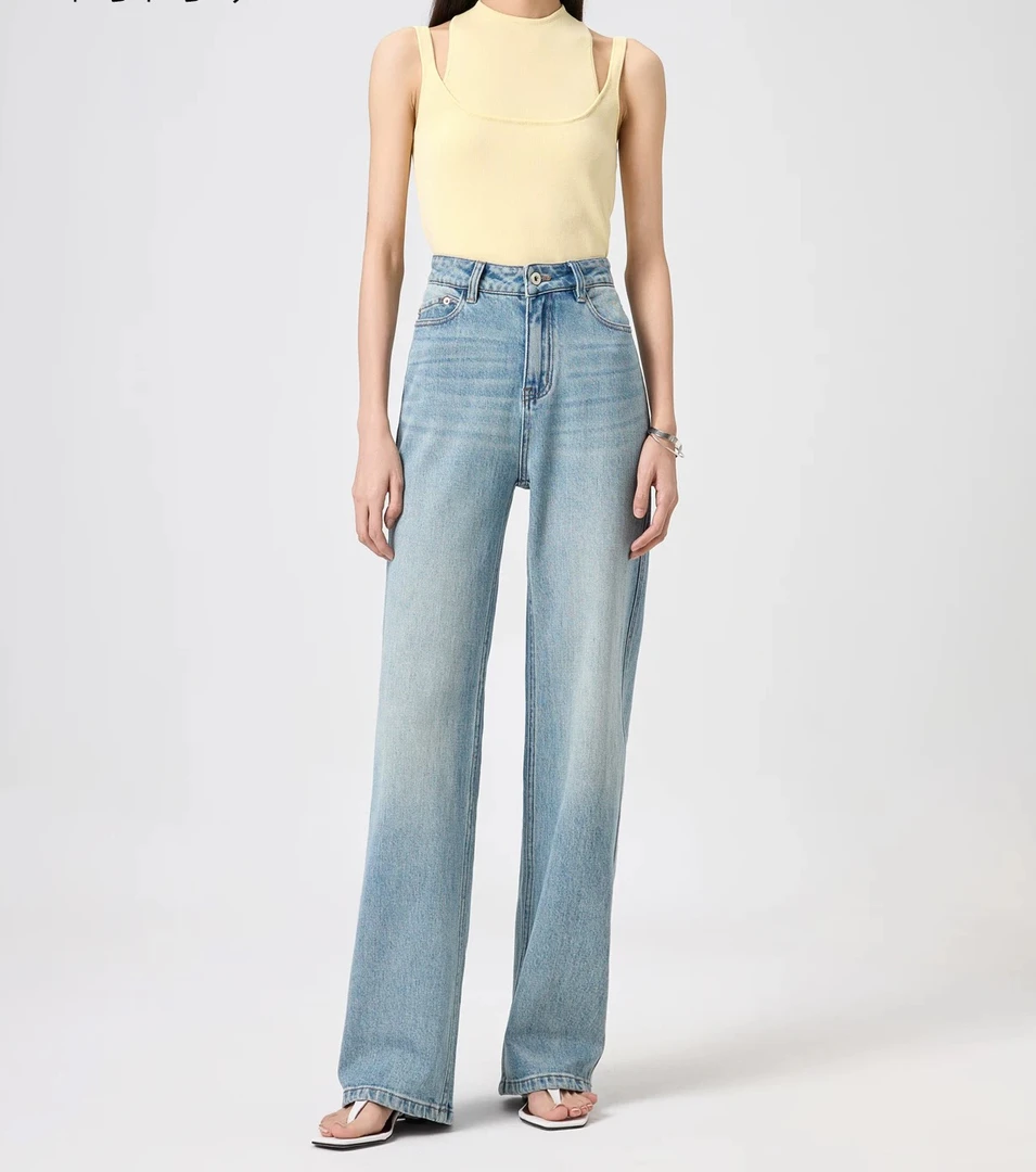 夏款（海清蓝）四面弹高腰显瘦遮肉窄版阔腿牛仔女裤