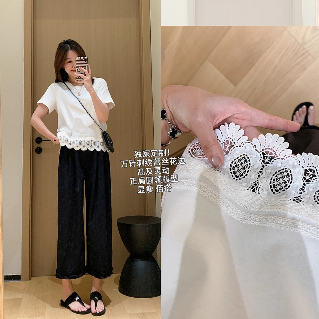 大叮自制【D家定制】万针刺绣蕾丝花边短袖夏季正肩圆领T恤！S6127