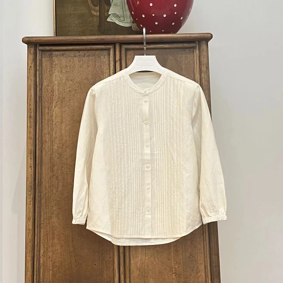 MYL 2024年秋季新款丝麻混纺白色衬衫圆领褶皱纹休闲百搭上衣
