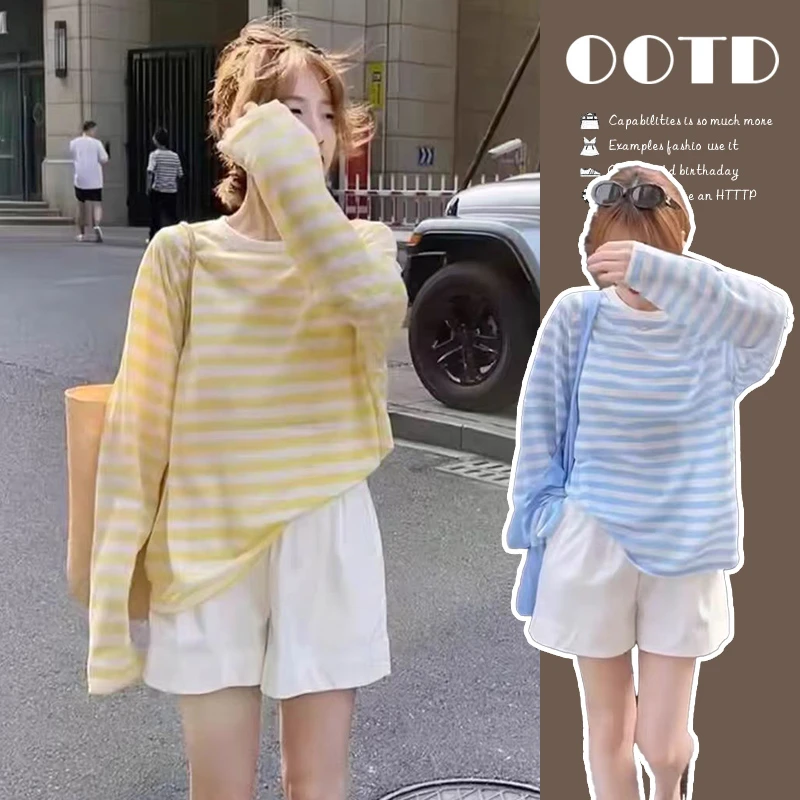 韩版显瘦孕妇装洋气2025春夏韩系条纹时尚上衣穿搭白色短裤两件套