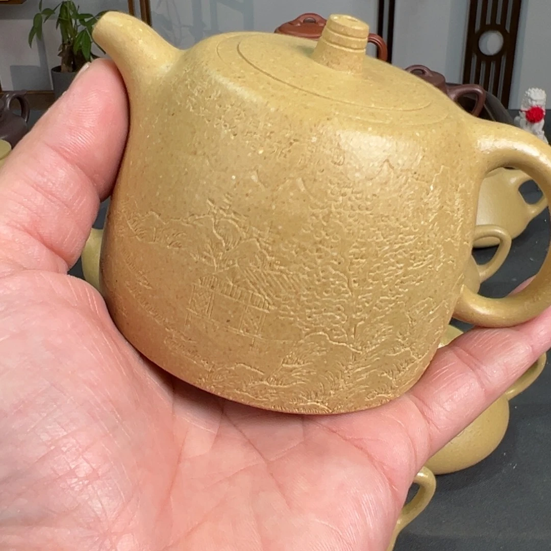 杨***光紫砂茶壶梨皮井栏刻绘正品