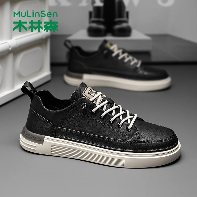 木林森男鞋2025年新款秋季黑色男士板鞋青少年厚底百搭休闲皮鞋男