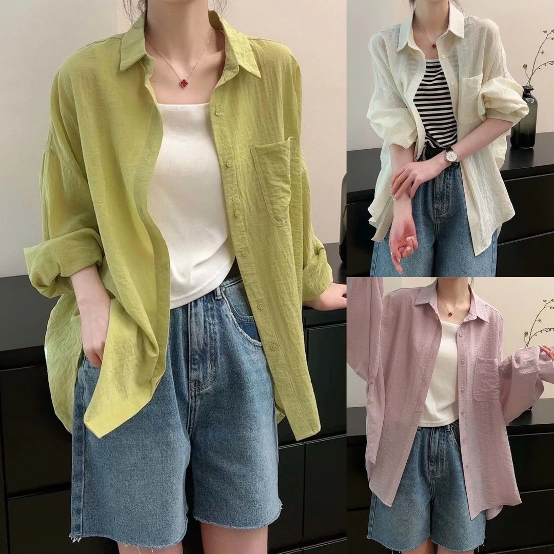 防晒衣女外穿纯色防晒衬衫女春夏新款衬衣休闲宽松长袖开衫上衣