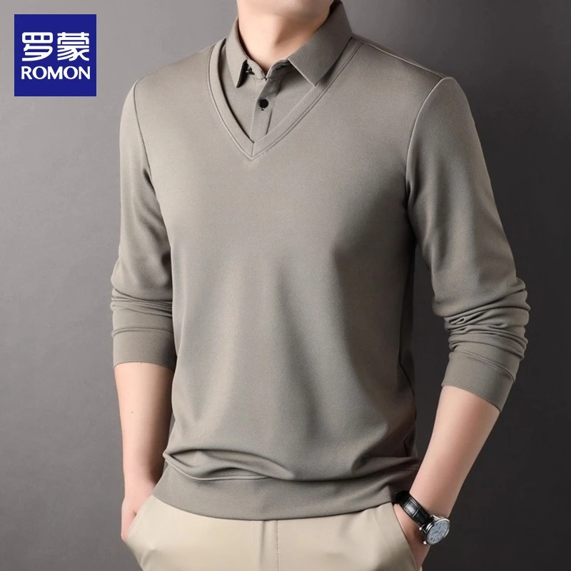 罗蒙男士高端商务Polo衫2025秋款假两件打底上衣休闲长袖t恤男款