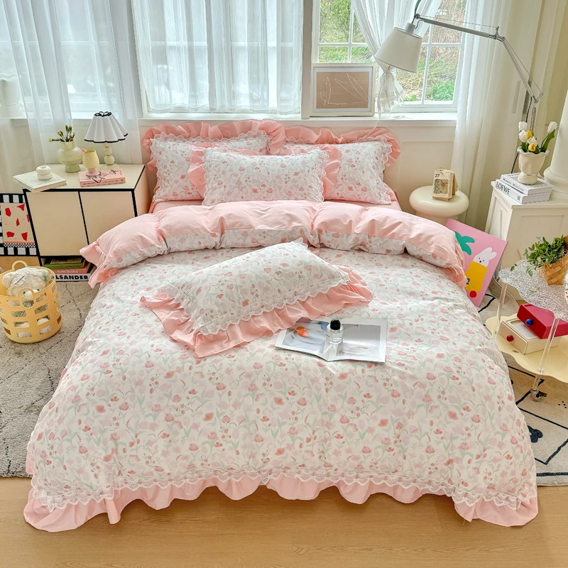 全棉床单被罩四件套小清新印花花边床单款公主风小碎花亲肤被套