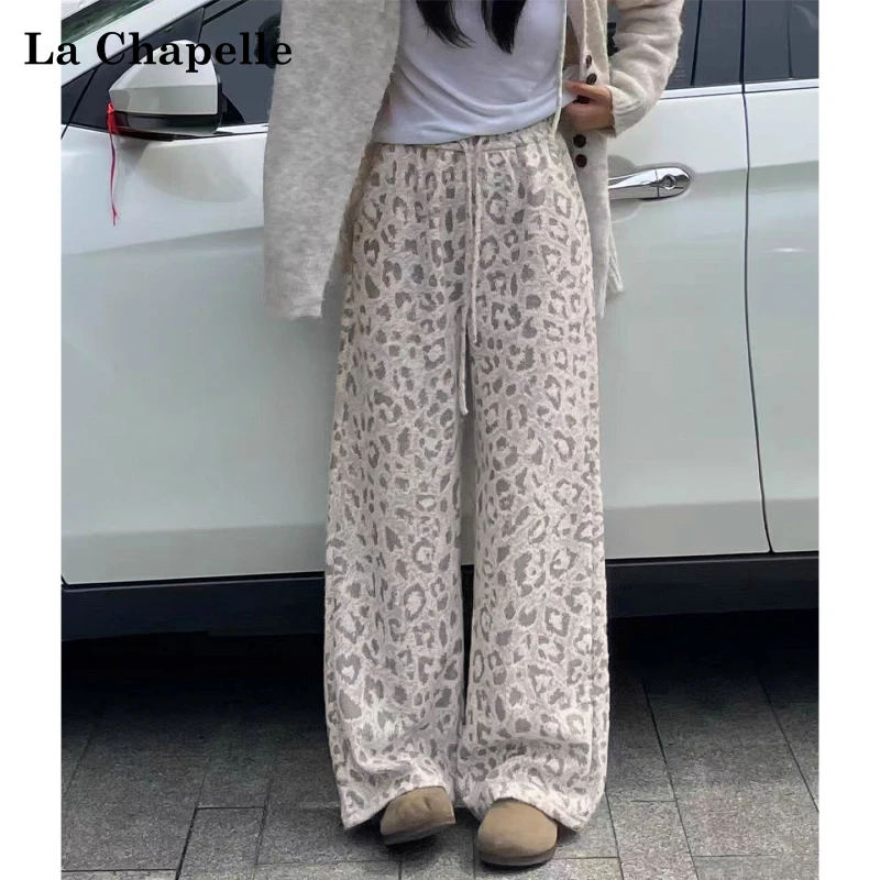 拉夏贝尔卡其色复古豹纹裤子女秋季2025新款小个子休闲糯米阔腿裤