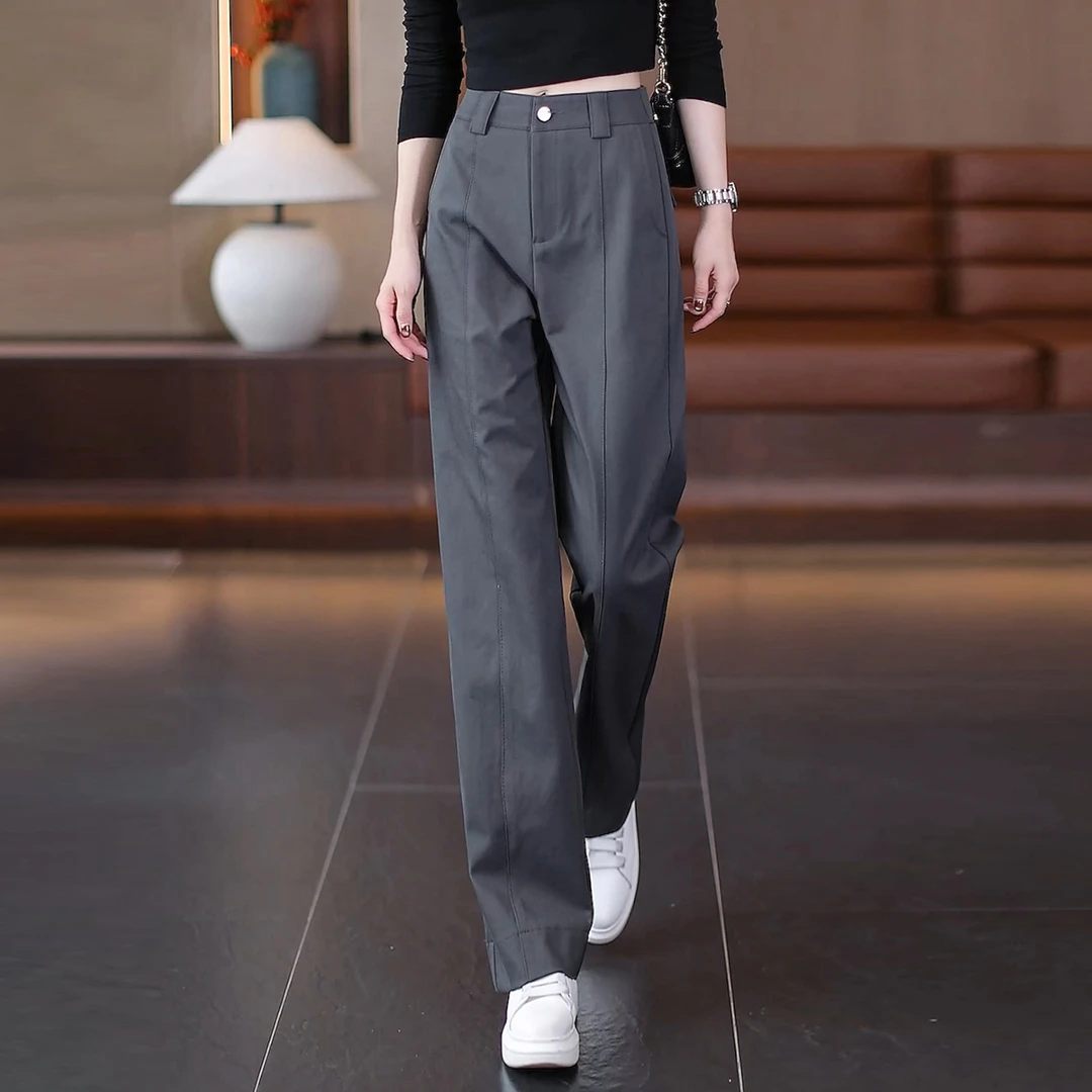 西装窄版阔腿裤女2025秋季新款高腰后松紧腰显瘦宽松通勤直筒长裤